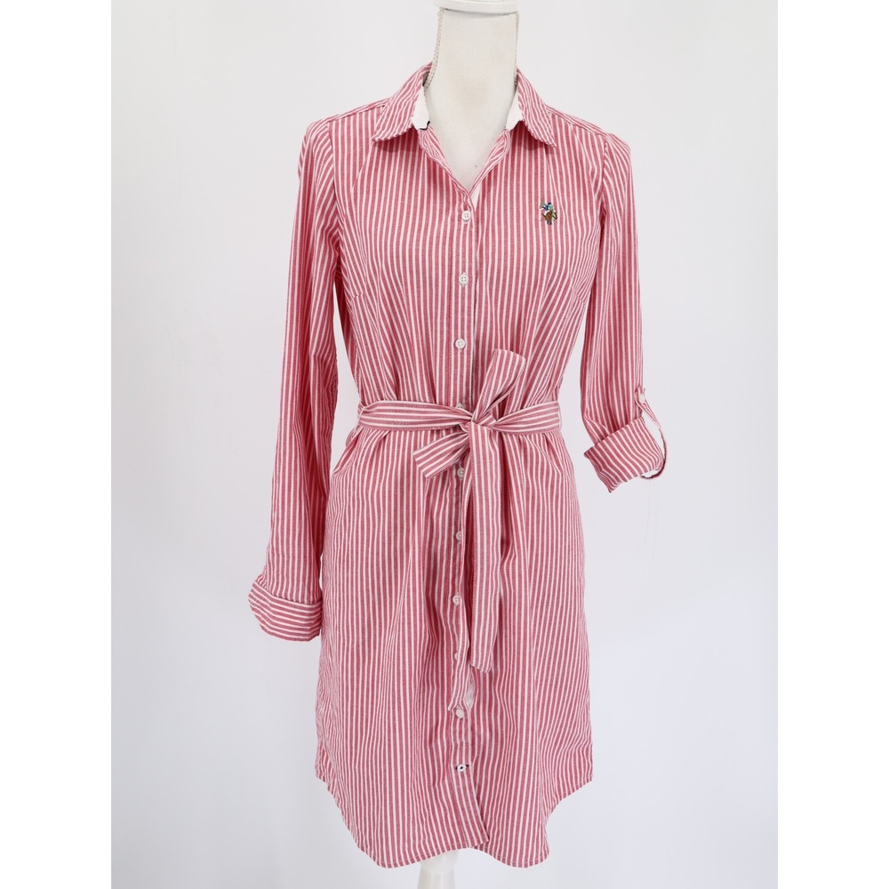 U.S. Polo Assn. Striped Shirt Dress Pink White Belted Button Front Size M